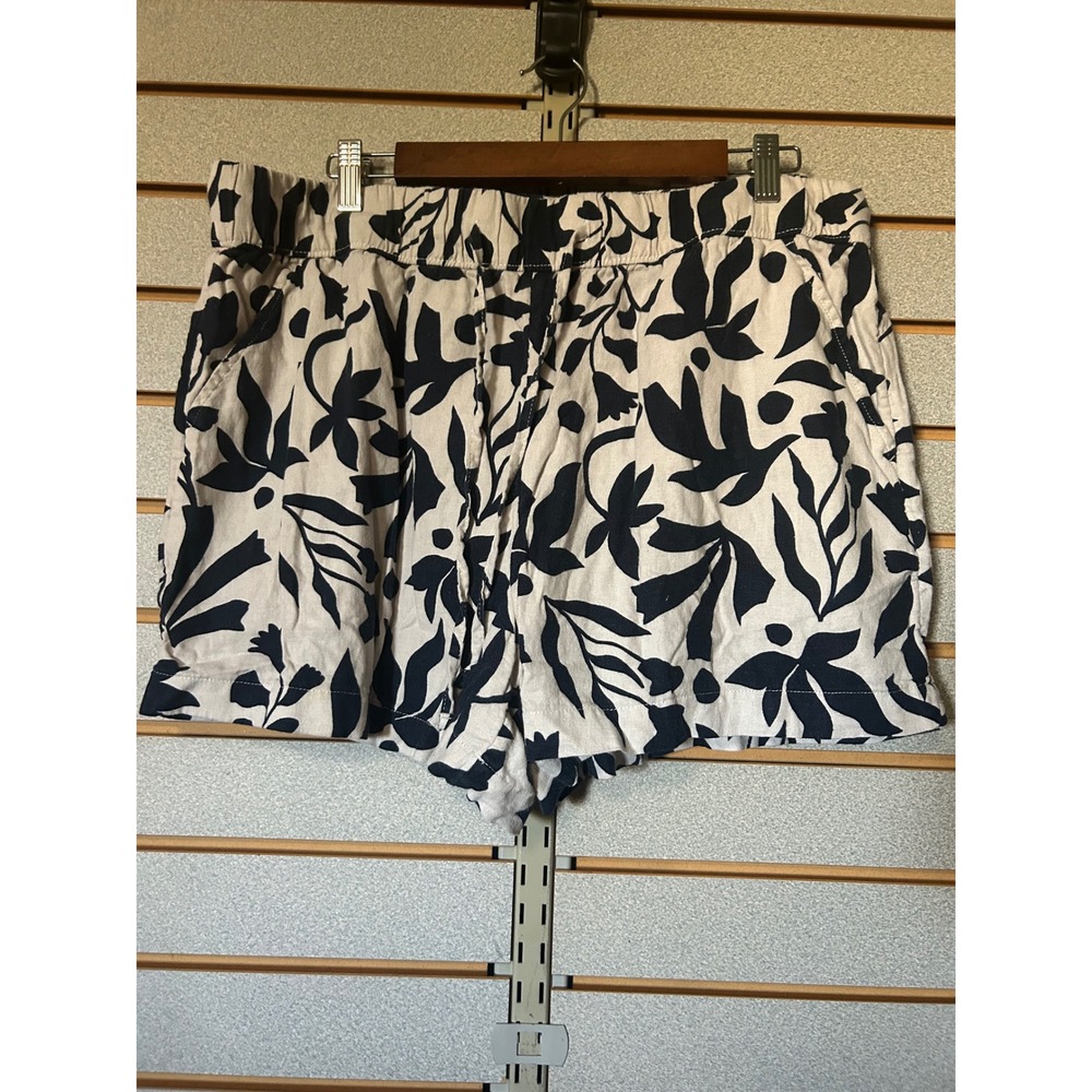 Time and Tru Womens XL Navy White Botanical Linen Blend Drawstring Shorts Pocket